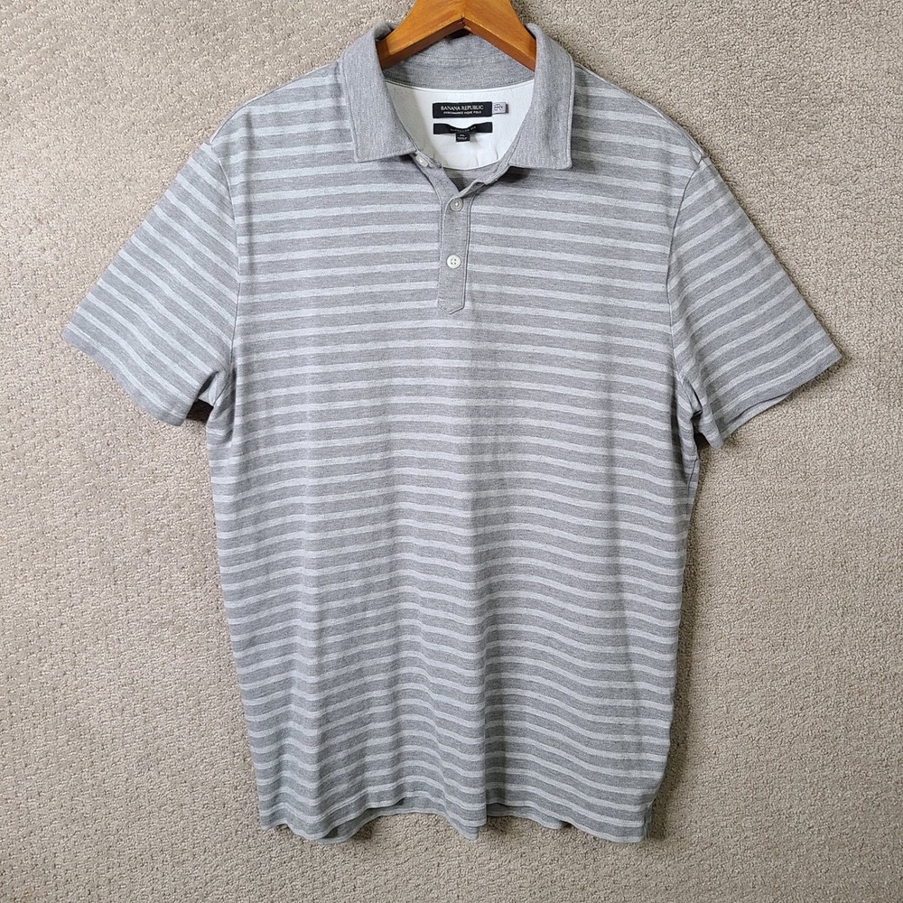 Banana Republic Polo Mens XL Gray Striped Performance Pique Standard Fit Cotton